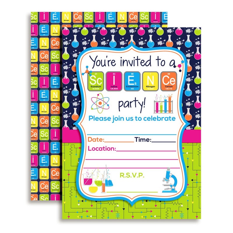 Amanda Creation Science Themed Birthday Party Fill in Invitations set of 20 with envelopes - Image 1